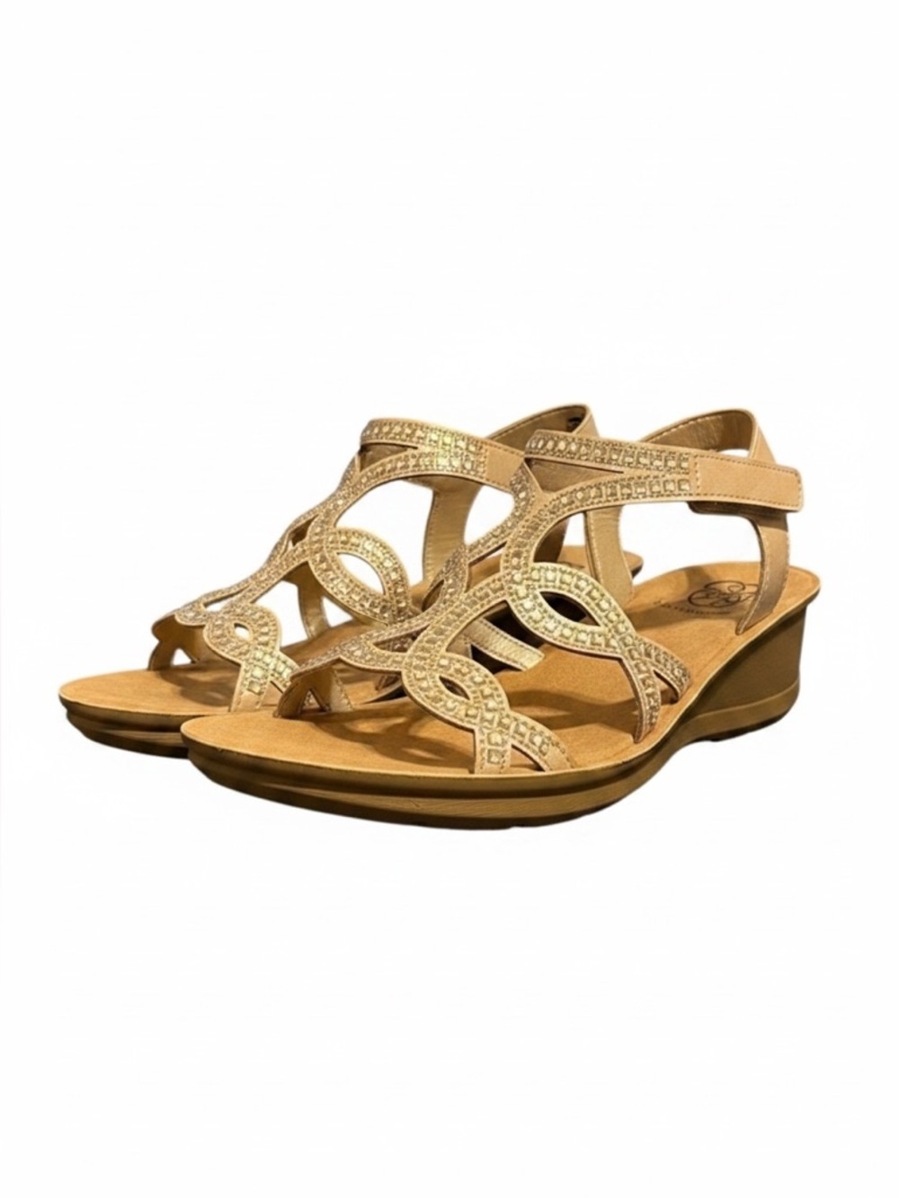 Daisy Fuentes Gold Rhinestone Wedge Sandals – Size